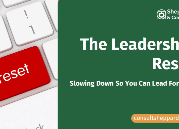 Image of a reset button on a keyboard with the blog title "The Leadership Reset: Slowing down so you can lean forward."