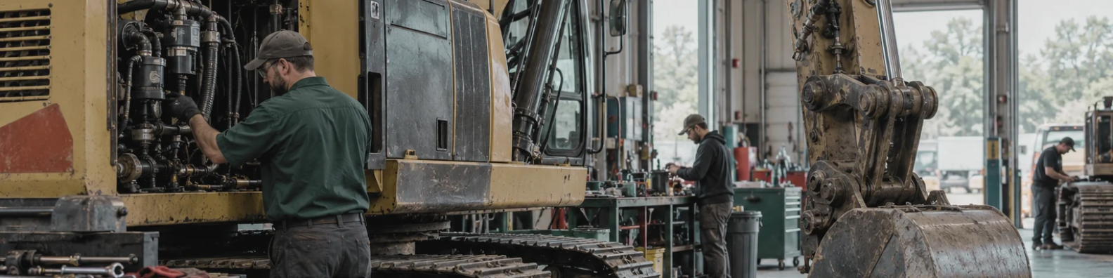 Technicians servicing heavy equipment in a workshop, illustrating the service operations side of dealership performance improvement