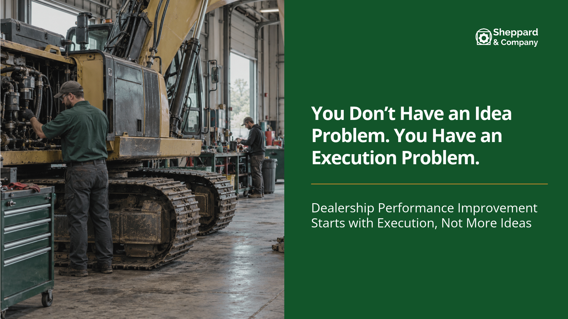 Technicians servicing heavy equipment in a workshop, illustrating the service operations side of dealership performance improvement