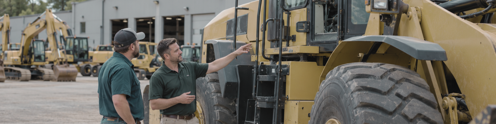 Heavy equipment salesperson explaining features to a customer at a dealership