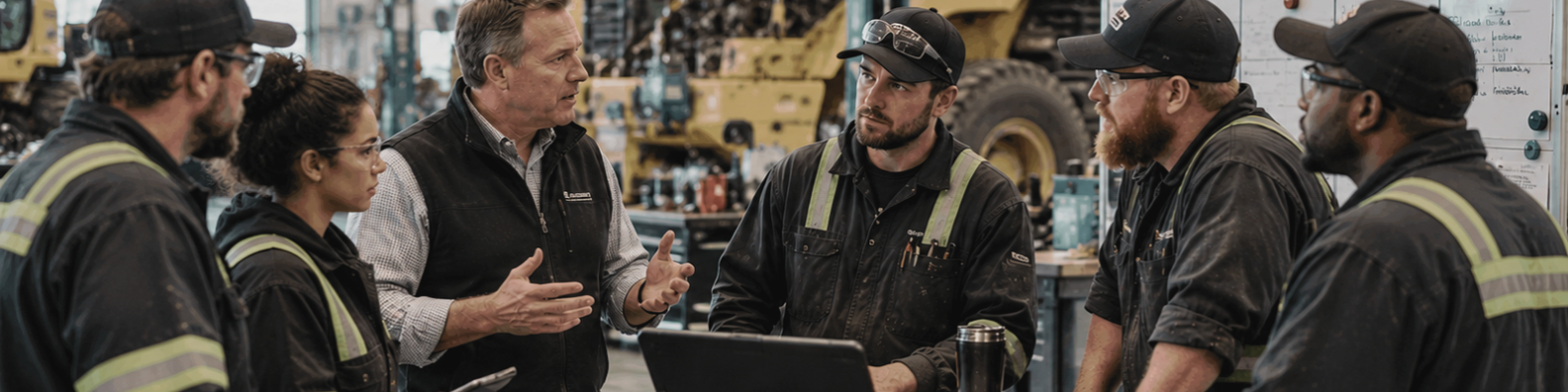 Leadership development for dealers in action, with a heavy equipment dealership team discussing operational performance, teamwork, and continuous improvement in a service workshop.