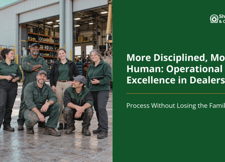 Heavy equipment dealership team of salespeople, technicians, and warehouse staff outside a service workshop.