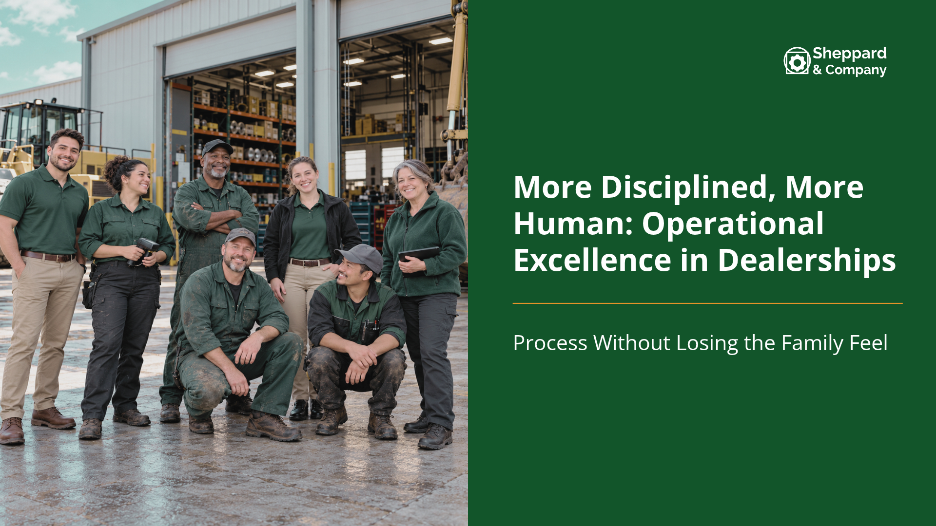 Heavy equipment dealership team of salespeople, technicians, and warehouse staff outside a service workshop.