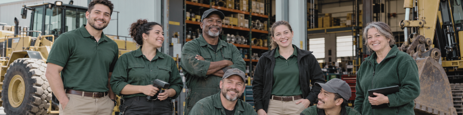 Heavy equipment dealership team of salespeople, technicians, and warehouse staff outside a service workshop